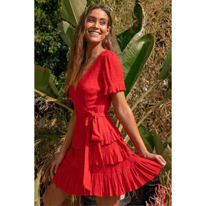 Lulus Call Me Cute Red Swiss Dot Tiered Faux Wrap Mini Dress - Size S